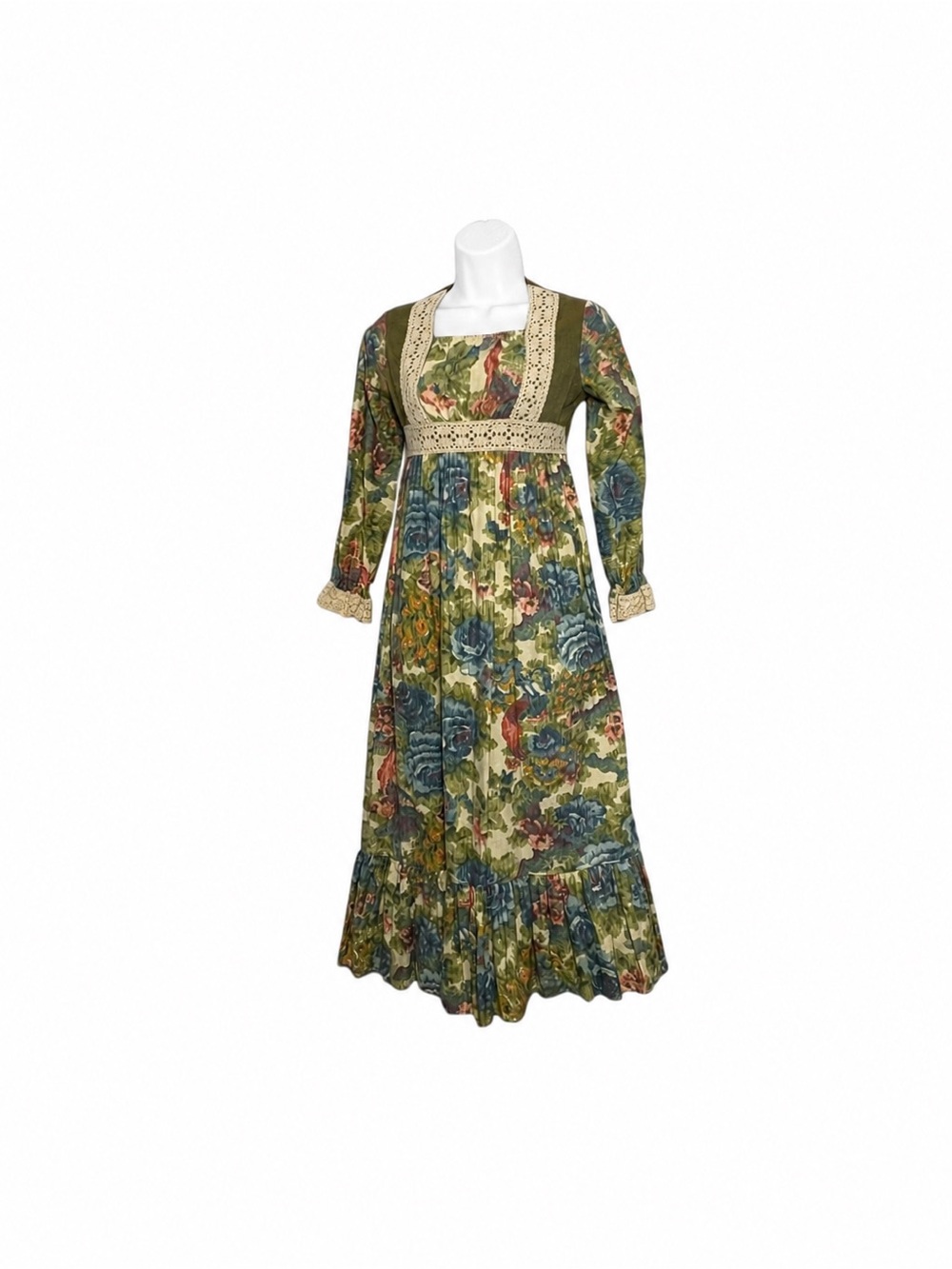 VTG 70s Cinderella Stop the Press Girls 12 Prairie Floral Maxi Dress Lace